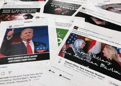 Algunos de los anuncios utilizados en Facebook e Instagram durante las elecciones en EEUU de 2016. / JON ELSWICK (AP)