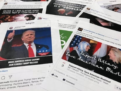 Algunos de los anuncios utilizados en Facebook e Instagram durante las elecciones en EEUU de 2016. / JON ELSWICK (AP)