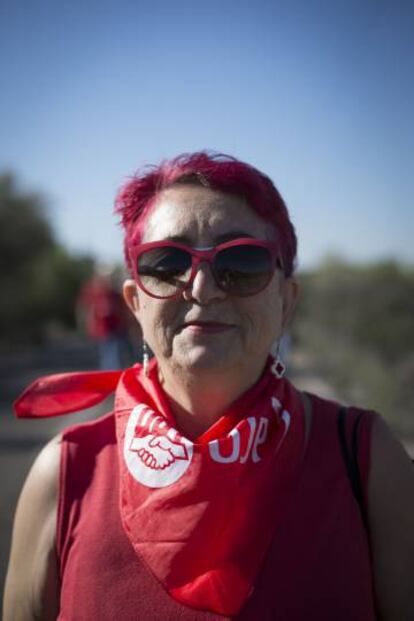 Feli Bravo en la marcha de pensionistas desde Laguna de Duero, Valladolid