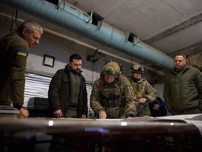 This handout photograph from the Ukrainian Presidential Press Service on Nov. 30, 2023, shows Ukrainian President Volodymyr Zelenskiy visiting a command post in Kupiansk, Kharkiv region.