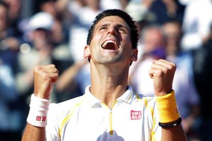 Djokovic celebra su victoria ante Nadal en Montecarlo.