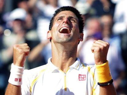 Djokovic celebra su victoria ante Nadal en Montecarlo.