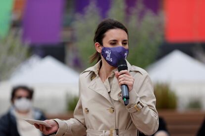 La ministra de Igualdad, Irene Montero, en un acto de precampaña de Podemos en Madrid el 16 de abril.