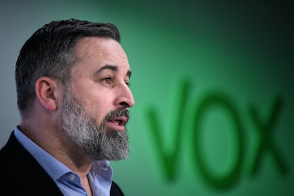 El líder de Vox, Santiago Abascal, durante una rueda de prensa posterior al comité de dirección del partido, el pasado 13 de enero en Madrid.