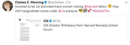 Captura de un tuit de la cuenta oficial de Twitter de Chelsea Manning.