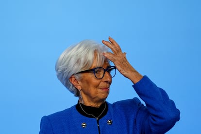 La presidenta del BCE, Christine Lagarde, durante la rueda de prensa celebrada en Fráncfort este jueves.