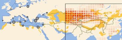 El mapa muestra el viaje de la peste desde su origen natural (en rojo) hasta Europa. En gris, las ciudades con brotes originales.