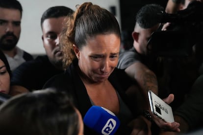 Monica Benicio, partner of slain councilwoman Marielle Franco, speaks to journalists at the Federal Police headquarters in Rio de Janeiro, Brazil, Sunday, March 24, 2024.