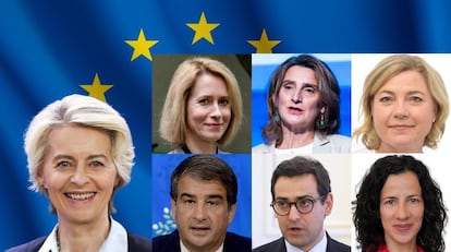 Ursula von der Leyen (izquierda) junto a sus seis vicepresidentes: de izquierda a derecha y de arriba abajo, Kaja Kallas, Teresa Ribera, Henna Virkunnen, Raffaelle Fitto, Stephane Sejourné y Roxana Mînzatu.