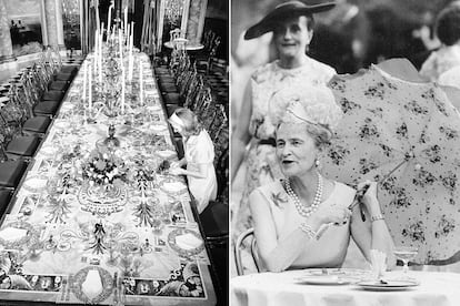 A la izquierda, los preparativos para una de las fiestas de la millonaria en su casa Hillwood Estate, en Washington; a la derecha, Merriweather Post, en 1966 durante una recepción en honor de Isabel II.