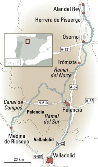 Mapa del canal de Castilla.