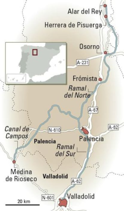 Mapa del canal de Castilla.