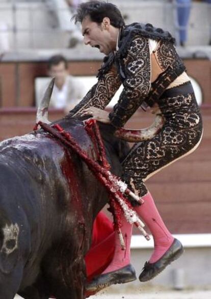 Fernando Cruz, herido durante una faena en agosto en Las Ventas.