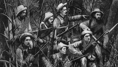 Imagen de la guerrilla de tropas españolas en la manigua (jungla, selva) durante la guerra de Cuba.