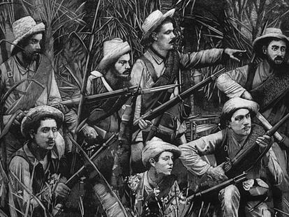 Imagen de la guerrilla de tropas españolas en la manigua (jungla, selva) durante la guerra de Cuba.
