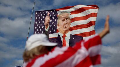 A flag featuring former President Donald Trump that supporters are flying near his Mar-a-Lago home on March 20, 2023 in Palm Beach, Florida.