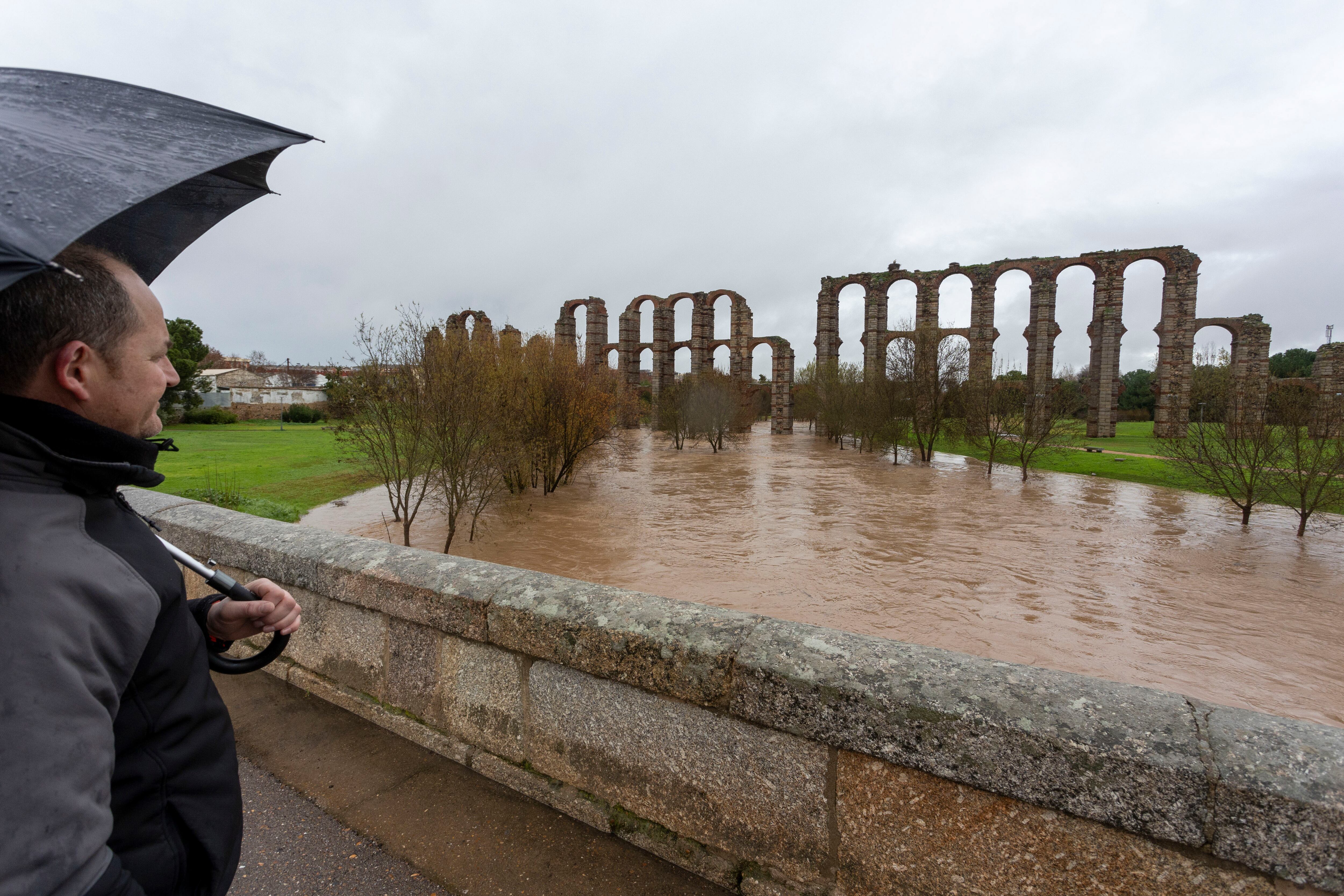 Un hombre contempla el acueducto romano de los Milagros en Mérida (Extremadura) rodeado de agua tras las intensas lluvias caídas, este viernes. 