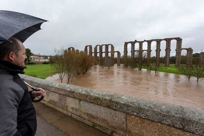 Un hombre contempla el acueducto romano de los Milagros en Mérida (Extremadura) rodeado de agua tras las intensas lluvias caídas, este viernes.