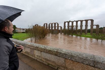 Un hombre contempla el acueducto romano de los Milagros en Mérida (Extremadura) rodeado de agua tras las intensas lluvias caídas, este viernes. 
