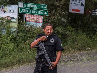 Un policía estatal vigila una camino cercano a la ciudad de Colima.