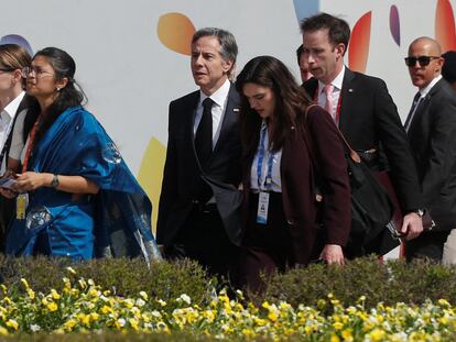 U.S. Secretary of State Antony Blinken walks towards the venue for G20 foreign ministers' meeting in New Delhi, India March 2, 2023.