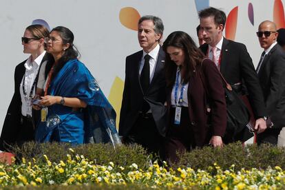 U.S. Secretary of State Antony Blinken walks towards the venue for G20 foreign ministers' meeting in New Delhi, India March 2, 2023.