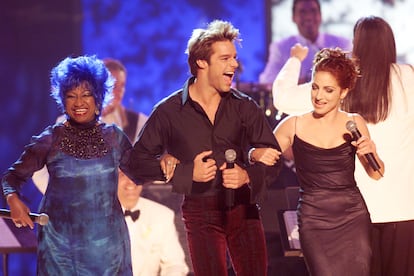 Celia Cruz, Ricky Martin, and Gloria Estefan perform during the 1st Annual Latin Grammy Awards broadcast at Staples Center in Los Angeles, Calif. on Wednesday September 13, 2000. Photo Credit: Frank Micelotta/Getty Images