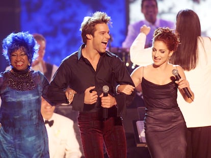 Celia Cruz, Ricky Martin, and Gloria Estefan perform during the 1st Annual Latin Grammy Awards broadcast at Staples Center in Los Angeles, Calif. on Wednesday September 13, 2000. Photo Credit: Frank Micelotta/Getty Images