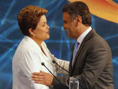 Dilma e A&eacute;cio no debate da Band, no dia 14.