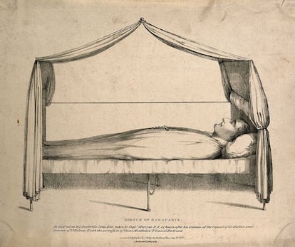 Corpo de Napoleão Bonaparte exposto após sua morte. 1821.