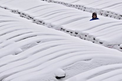 Un hombre rodeado de coches cubiertos de nieve, en una fábrica de vehículos, en San Petersburgo (Rusia), el 16 de enero de 2017.