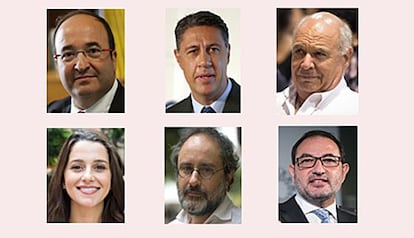 Els candidats Miquel Iceta (PSC), Xavier García Albiol (PP) i Lluís Rabell (Catalunya Sí que es Pot) a dalt, d'esquerra a dreta. A baix, Inés Arrimadas (Ciutadans), Antonio Baños (CUP) i Ramon Espadaler (Unió).