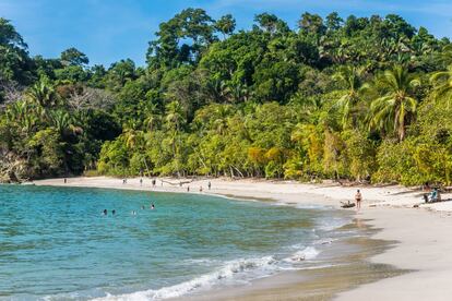 “Una playa preciosa con trozos de arena negra brillante y aguas tranquilas, ideal para relajarse flotando”, destaca TripAdvisor entre los comentarios sobre este arenal costarricense. Se encuentra en el parque nacional Manuel Antonio, el más pequeño del país y una zona protegida desde el año 1972. Hay que tener en cuenta que tiene horario de apertura: de 7.00 a 16.00 todos los días del año, excepto los martes (que está cerrado); y el precio de la entrada es de 18 dólares. Ahí espera una fabulosa estampa que combina selva tropical —donde habitan osos perezosos, iguanas, monos ardilla y millones de coloridos cangrejos—, playas y arrecifes de coral.<br></br> Más información: manuelantoniopark.com