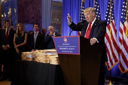 Trump, durante la rueda de prensa que ha ofrecido esta tarde en Nueva York.