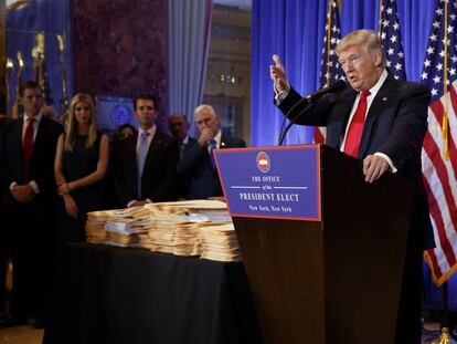 Trump, durante la rueda de prensa que ha ofrecido esta tarde en Nueva York.