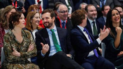 Isabel Díaz Ayuso junto a Pablo Casado, José Luis Martínez-Almeida y Begoña Villacís, en la celebración del Día de Madrid. 