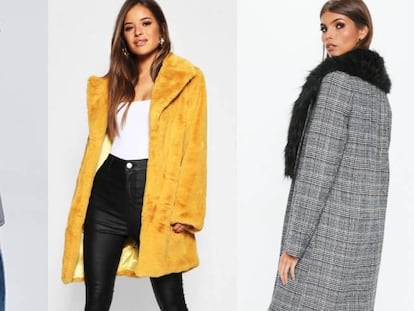De izquierda a derecha, plumífero plateado, un abrigo de piel sintética en tono mostaza y un modelo con estampado de cuadros y solapas.