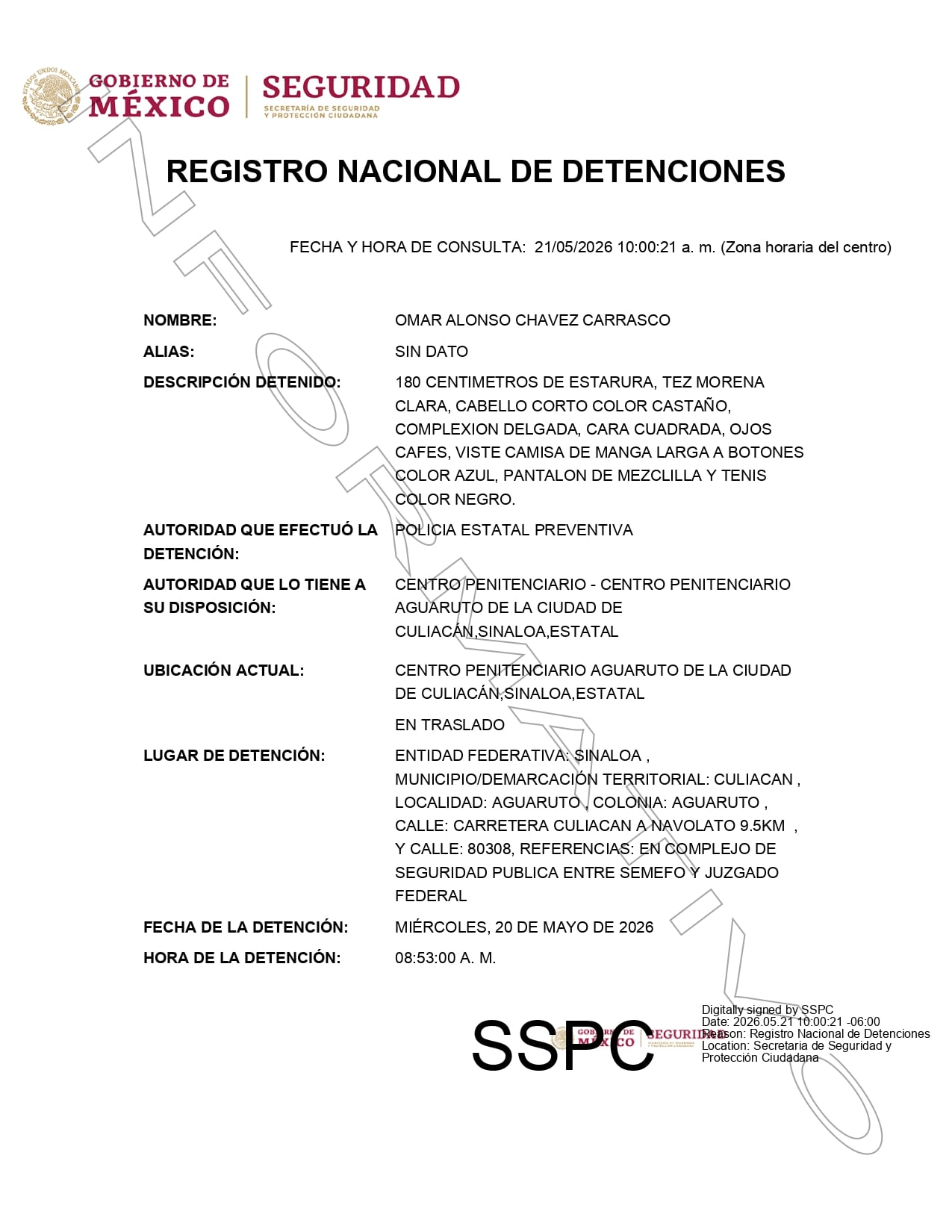 Ficha de detención de Omar Chávez