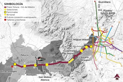 Mapa con la ruta y las estaciones del Tren Interurbano México-Toluca.