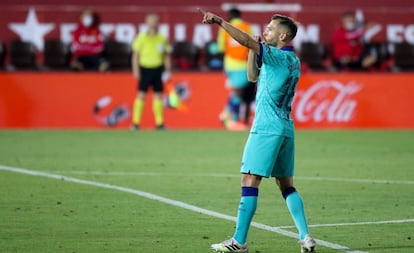 Jordi Alba celebra el seu gol en el retorn del Barça a la Lliga, al Mallorca.