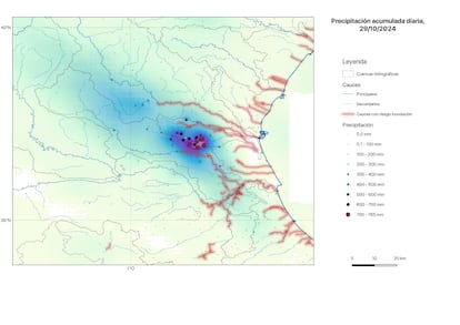 Precipitación acumulada el 29 de octubre de 2024 en la región de Valencia.