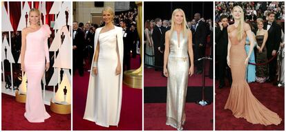 Tras el desliz de 2002, los elegantes vestidos que Gwyneth Paltrow ha lucido en las alfombras rojas de las últimas ediciones de los premios Oscar la ha colocado en la lista de las mejor vestidas. En la imagen, de izquierda a derecha, la actriz en la ceremonia de 2015, 2012, 2011 y 2007.