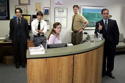 From left to right: actors B.J. Novak, John Krasinski, Jenna Fischer, Rainn Wilson and Steve Carell, in the series 'The Office.'