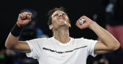 Nadal celebra su triunfo contra Dimitrov.