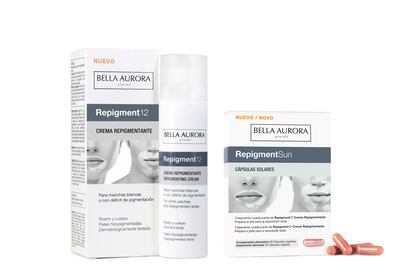 La línea cosmética Repigment de Bella Aurora, compuesta por la crema Repigment12 y las cápsulas RepigmentSun, es el primer tratamiento cosmético de la marca española capaz de mitigar las manchas blancas.