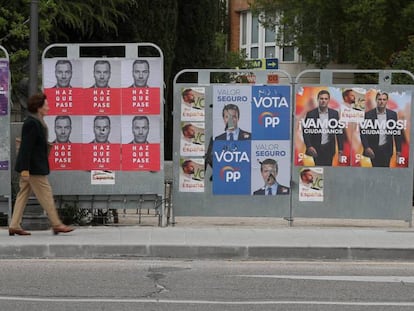 Carteles electorales de PSOE, PP, Unidas Podemos, Ciudadanos y Vox durante la campaña de las elecciones del 28-A.
