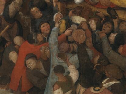 Detalle de <i>El vino en la fiesta de San Martín</i>, Pieter Bruegel el Viejo (obra en proceso de restauración). Detalle del grupo central de campesinos bajo el tonel de vino.