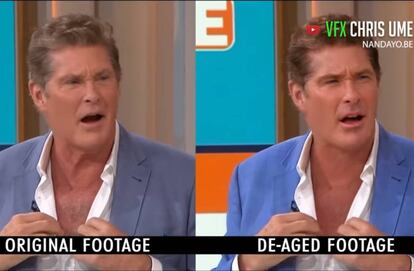 El actor David Hasselhoff en una imagen original de la entrevista y, a la derecha, en otra resultante de la técnica.