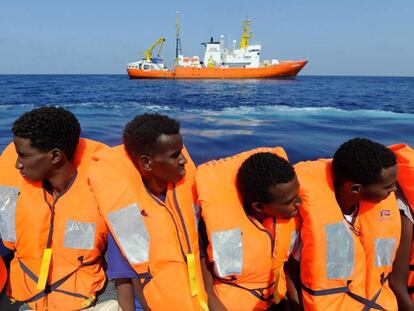 A group of migrants rescued at sea by ‘Aquarius.’ 