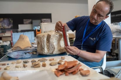 Archeologist Darío Bernal examines the vertebra of a whale found in the Baello Claudia archeological dig in Bolonia, Cádiz.